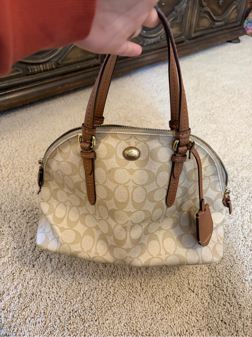 Coach Beige Signature Satchel with Brown Leather Handles
